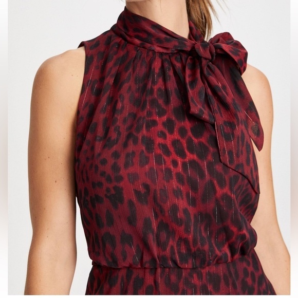 LONDON TIMES Burgundy Animal Print Sleeveless Neck Tie Maxi Dress - Picture 3 of 15